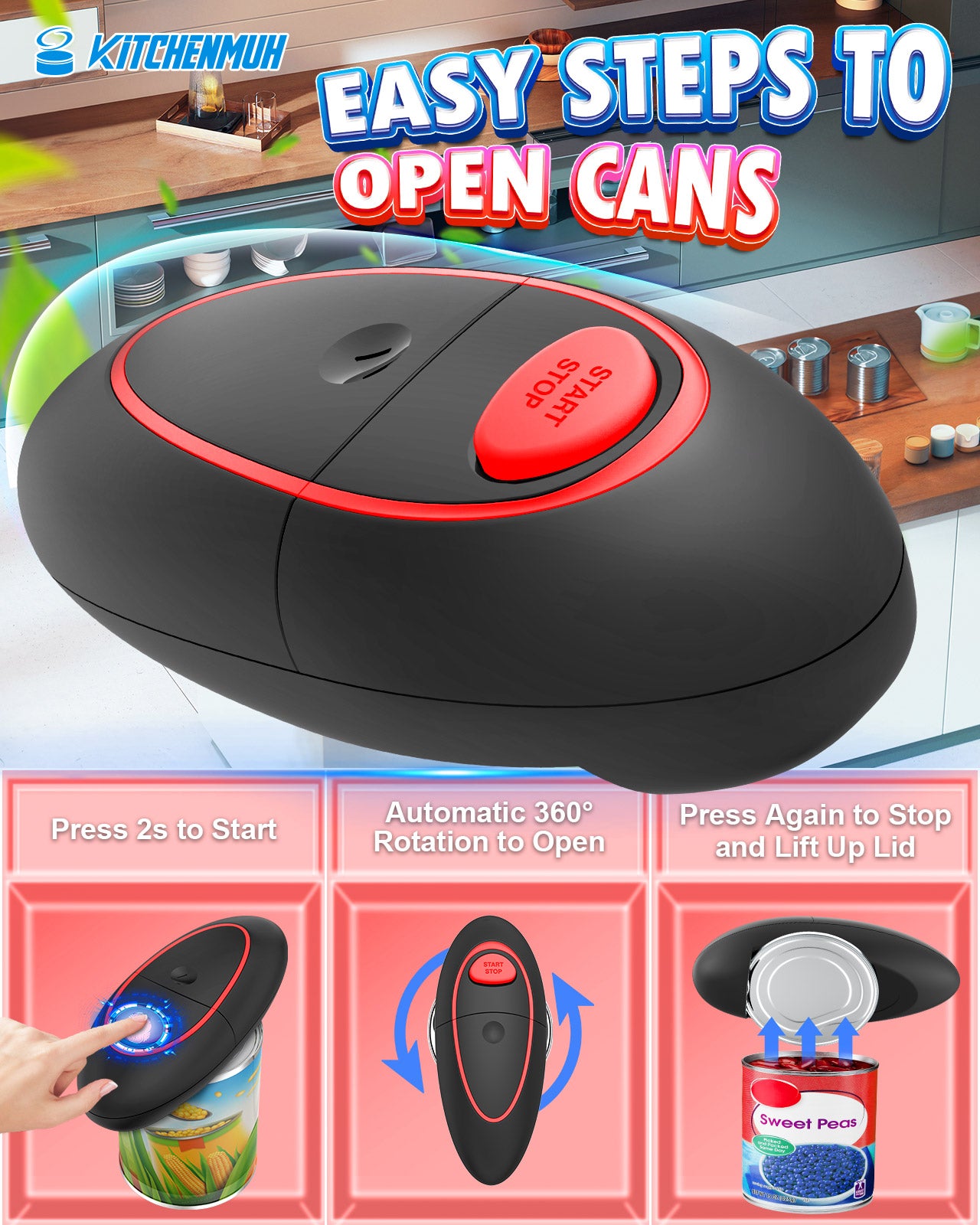 One Touch Electric Can Opener Fits Almost All Can Sizes for Seniors with Arthritis, Hand Held Battery Operated Can Opener with Smooth Edge, Food Safe Kitchen Gadgets Automatic Can Opener for Kitchen