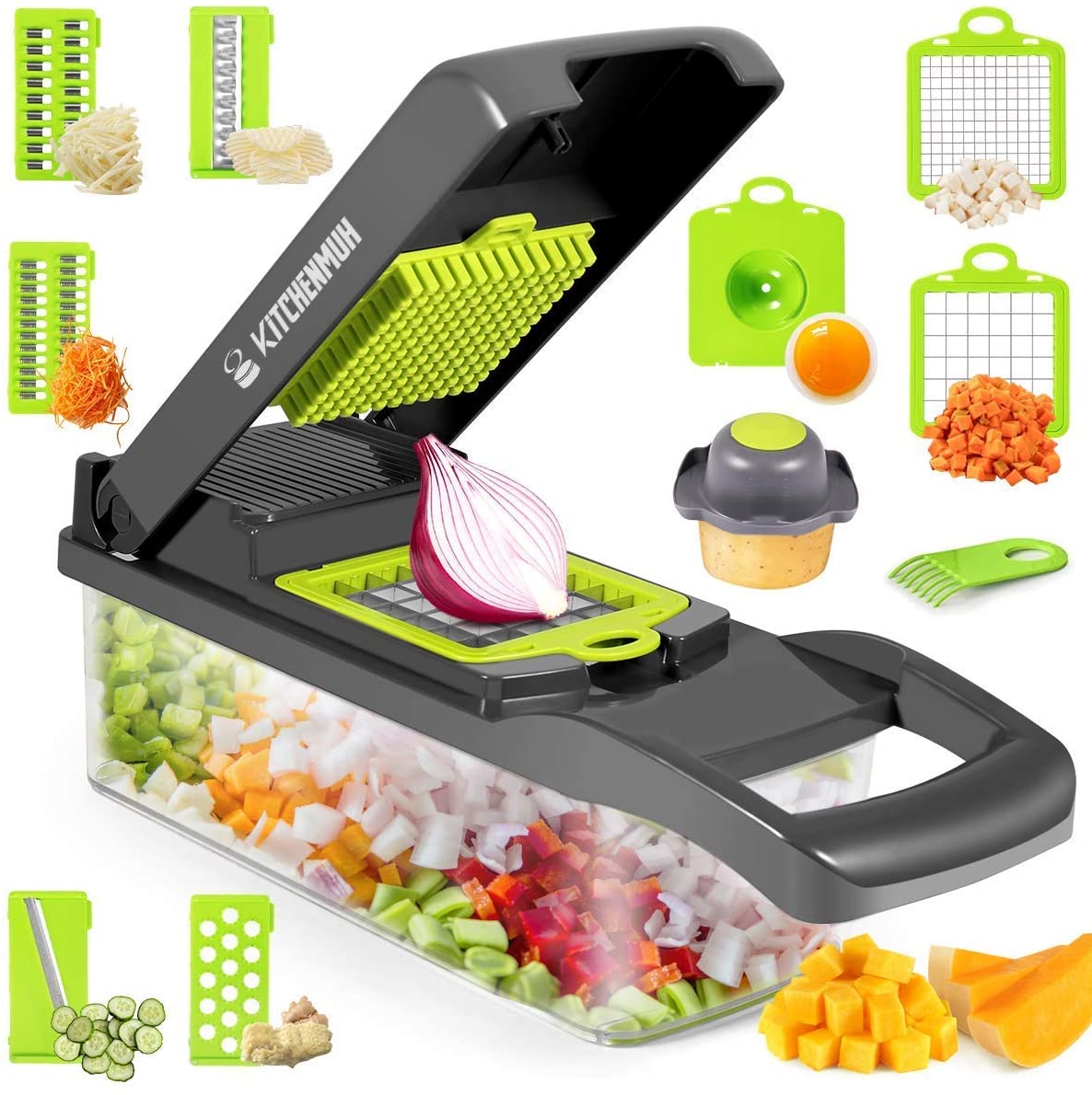 Kitchenmuh Vegetable Chopper, Onion Chopper, All in 1 Vegetable Mandoline Slicer for Kitchen, Pro Slicer Dicer, Slicer Vegetable Cutter for Potato Chip/French Fry/Cheese(Grey+Green)